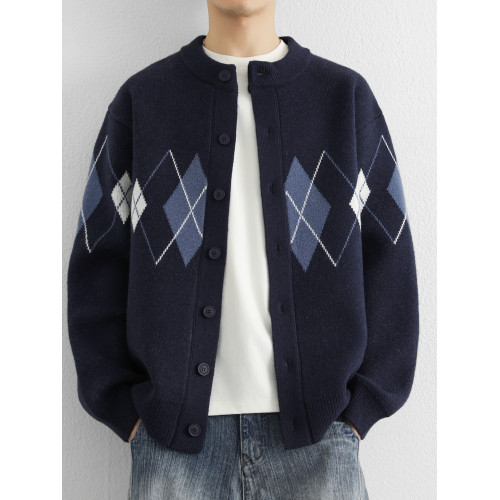 菱形格開衫毛衣外套男秋冬季高級感撞色休閒針織夾克打底衫上衣服 菱形格開衫毛衣外套男秋冬季高級感撞色休閒針織夾克打底衫上衣服