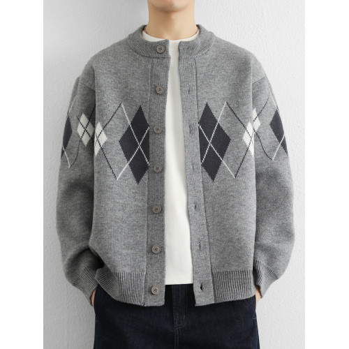 菱形格開衫毛衣外套男秋冬季高級感撞色休閒針織夾克打底衫上衣服 菱形格開衫毛衣外套男秋冬季高級感撞色休閒針織夾克打底衫上衣服