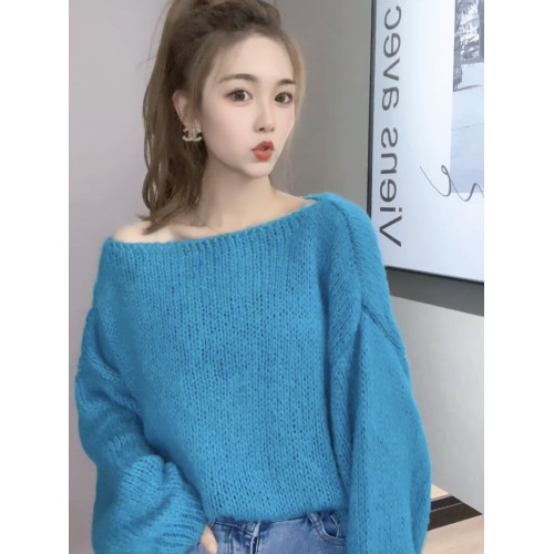 秋冬季新款套頭一字領毛衣女寬松慵懶風燈籠袖毛線藍色打底衫上衣 秋冬季新款套頭一字領毛衣女寬松慵懶風燈籠袖毛線藍色打底衫上衣
