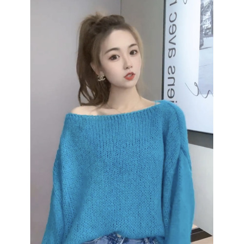 秋冬季新款套頭一字領毛衣女寬松慵懶風燈籠袖毛線藍色打底衫上衣 秋冬季新款套頭一字領毛衣女寬松慵懶風燈籠袖毛線藍色打底衫上衣