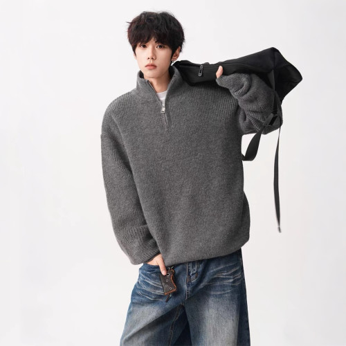半拉鍊重磅立領毛衣男潮牌秋季寬松復古慵懶風純色休閒百搭針織衫 半拉鍊重磅立領毛衣男潮牌秋季寬松復古慵懶風純色休閒百搭針織衫