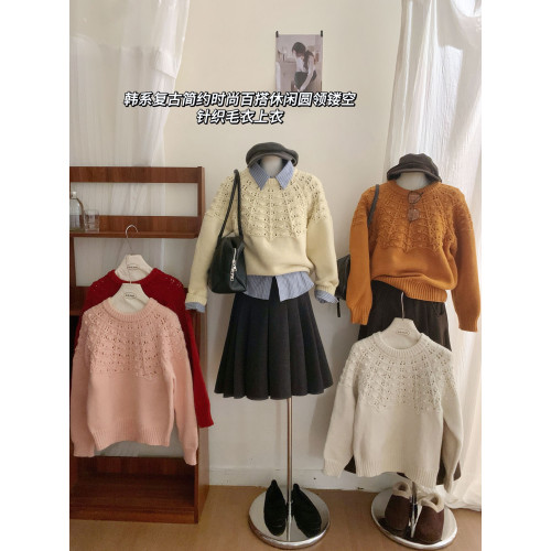 復古百搭提花鏤空加厚毛衣女秋冬慵懶洋氣寬松保暖可外穿針織上衣