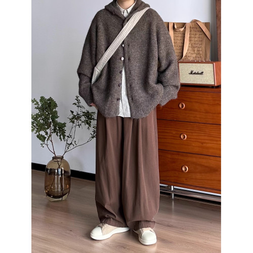 BUTQIU日系復古秋冬連帽開衫毛衣男加厚寬松慵懶風針織衫外套上衣 BUTQIU日系復古秋冬連帽開衫毛衣男加厚寬松慵懶風針織衫外套上衣