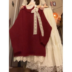 蝴蝶結蕾絲紅色套頭毛衣女秋冬季2026新款寬鬆慵嬾高級感針織上衣