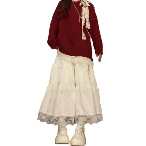 蝴蝶結蕾絲紅色套頭毛衣女秋冬季2026新款寬鬆慵嬾高級感針織上衣