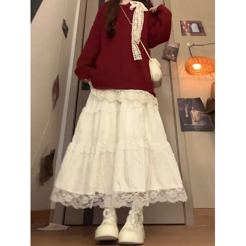 蝴蝶結蕾絲紅色套頭毛衣女秋冬季2026新款寬鬆慵嬾高級感針織上衣