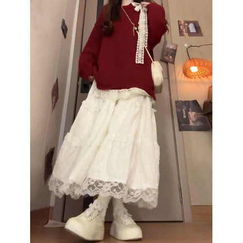 蝴蝶結蕾絲紅色套頭毛衣女秋冬季2026新款寬鬆慵嬾高級感針織上衣