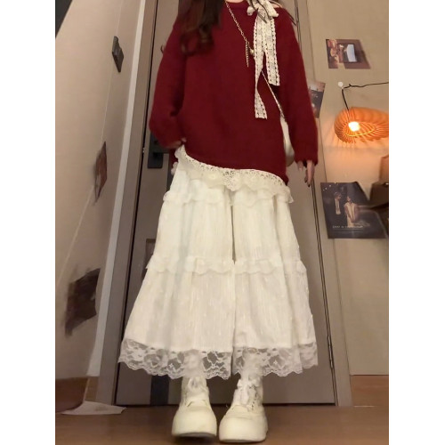 蝴蝶結蕾絲紅色套頭毛衣女秋冬季2026新款寬鬆慵嬾高級感針織上衣