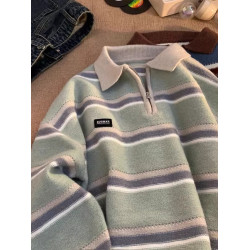 日系復古條紋翻領毛衣男女生森系秋冬季慵懶風bf小衆情侶款針織衫