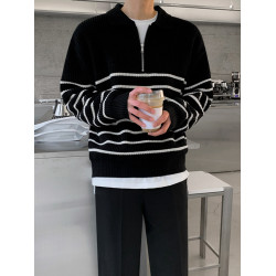 MRCYC繙領長袖毛衣男秋季韓系寬鬆復古休閒半拉鍊條紋針織衫上衣