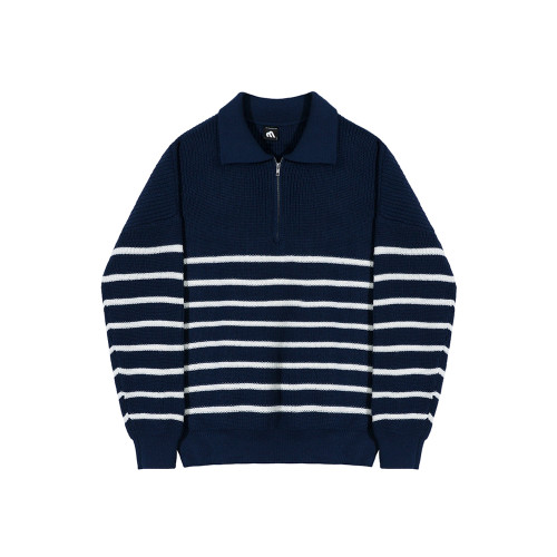 MRCYC繙領長袖毛衣男秋季韓系寬鬆復古休閒半拉鍊條紋針織衫上衣