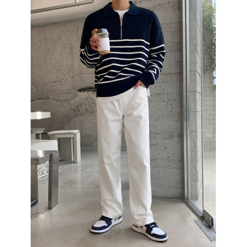 MRCYC繙領長袖毛衣男秋季韓系寬鬆復古休閒半拉鍊條紋針織衫上衣