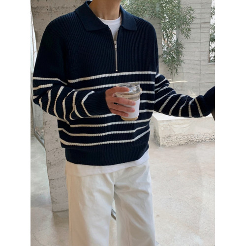 MRCYC繙領長袖毛衣男秋季韓系寬鬆復古休閒半拉鍊條紋針織衫上衣