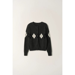 韓國小衆 NW菱形格圖案學院復古針織開衫系釦長袖毛衣上衣女灰色