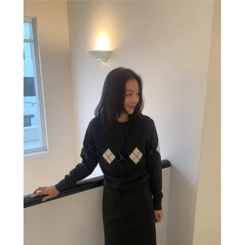 韓國小衆 NW菱形格圖案學院復古針織開衫系釦長袖毛衣上衣女灰色