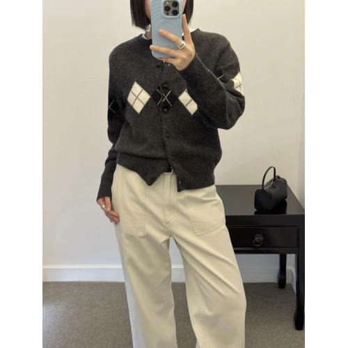 韓國小衆 NW菱形格圖案學院復古針織開衫系釦長袖毛衣上衣女灰色