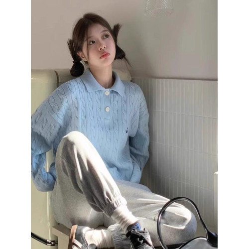 重磅美式復古polo領毛衣女秋冬內搭韓系藍色麻花上衣針織衫潮