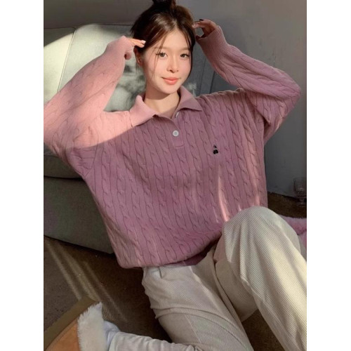 重磅美式復古polo領毛衣女秋冬內搭韓系藍色麻花上衣針織衫潮