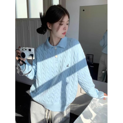 重磅美式復古polo領毛衣女秋冬內搭韓系藍色麻花上衣針織衫潮