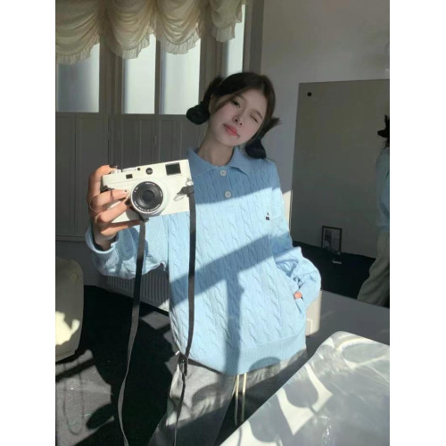 重磅美式復古polo領毛衣女秋冬內搭韓系藍色麻花上衣針織衫潮