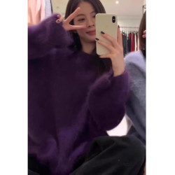 軟糯奶fufu紫色仿水貂絨毛衣女秋冬慵懶高級感套頭針織衫寬松上衣