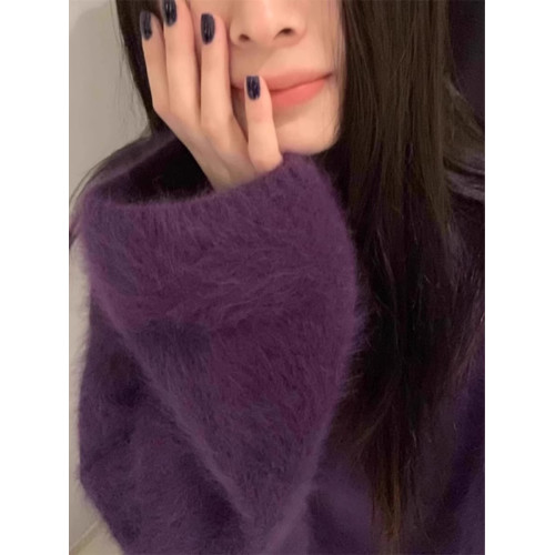 軟糯奶fufu紫色仿水貂絨毛衣女秋冬慵懶高級感套頭針織衫寬松上衣