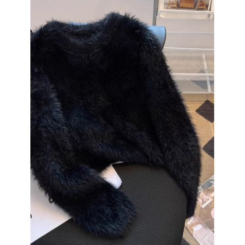 黑色高級感軟糯水貂絨毛衣女秋冬新款小個子短款針織衫毛茸茸上衣