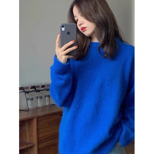 韓系克萊因藍馬海毛毛衣女秋冬季外穿慵懶高級感圓領套頭針織上衣