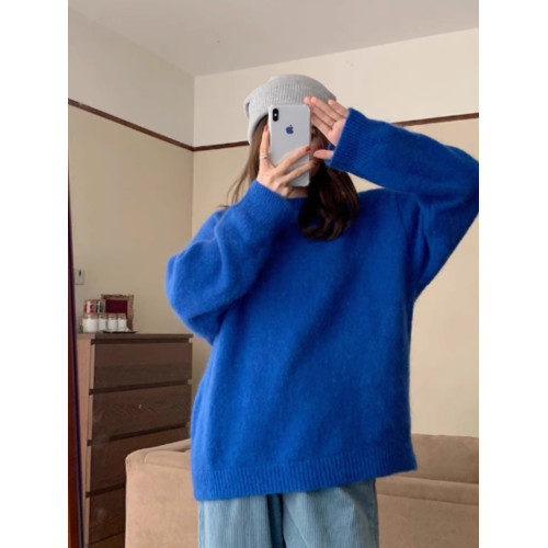 韓系克萊因藍馬海毛毛衣女秋冬季外穿慵懶高級感圓領套頭針織上衣