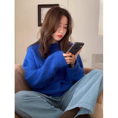 韓系克萊因藍馬海毛毛衣女秋冬季外穿慵懶高級感圓領套頭針織上衣
