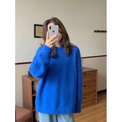 韓系克萊因藍馬海毛毛衣女秋冬季外穿慵懶高級感圓領套頭針織上衣