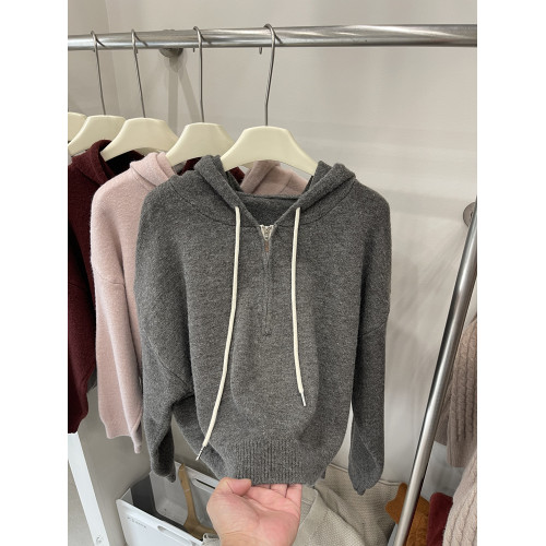 半拉鍊連帽毛衣女秋冬2025新款韓版高級感顯瘦羊毛針織衫長袖上衣