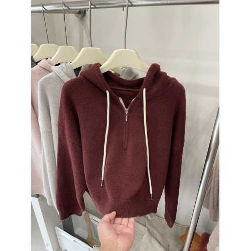 半拉鍊連帽毛衣女秋冬2025新款韓版高級感顯瘦羊毛針織衫長袖上衣