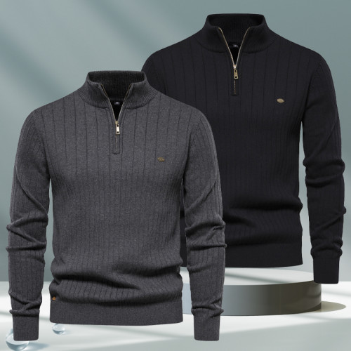 春秋冬新款外套立領男士毛衣半拉鍊品質純棉純色針織衫