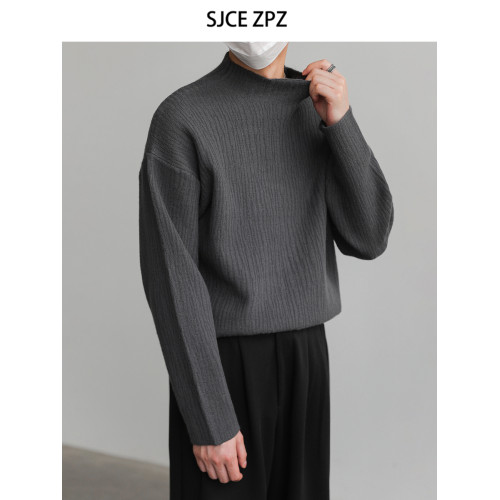 ZPZ肌理感半高領打底衫套頭毛衣 男秋冬季內搭上衣長袖中領針織衫