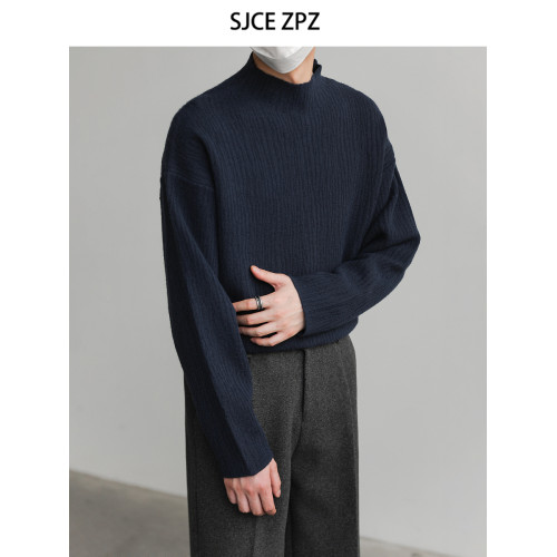 ZPZ肌理感半高領打底衫套頭毛衣 男秋冬季內搭上衣長袖中領針織衫