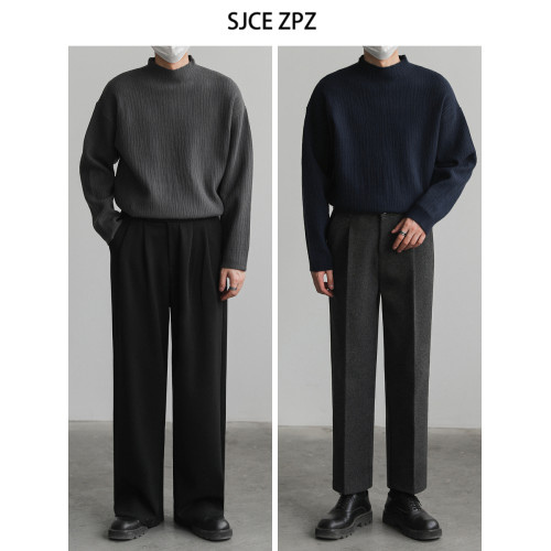 ZPZ肌理感半高領打底衫套頭毛衣 男秋冬季內搭上衣長袖中領針織衫