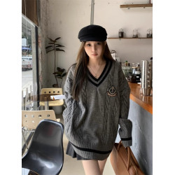 美式學院風撞色V領麻花毛衣女秋冬慵懶中長款休閒寬松顯瘦針織衫