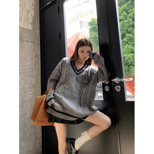 美式學院風撞色V領麻花毛衣女秋冬慵懶中長款休閒寬松顯瘦針織衫