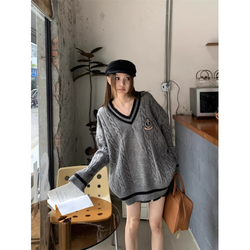 美式學院風撞色V領麻花毛衣女秋冬慵懶中長款休閒寬松顯瘦針織衫