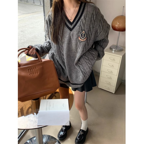 美式學院風撞色V領麻花毛衣女秋冬慵懶中長款休閒寬松顯瘦針織衫