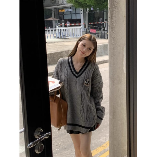 美式學院風撞色V領麻花毛衣女秋冬慵懶中長款休閒寬松顯瘦針織衫