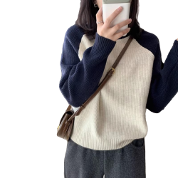 慵懶風撞色拼接圓領套頭毛衣女2025年秋冬新款寬松加厚針織打底衫