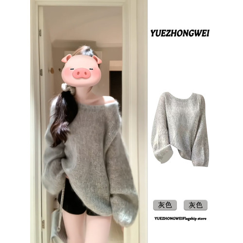 灰色圓領套頭軟糯馬海毛毛衣女秋冬加厚慵懶風寬松露肩針織衫上衣 灰色圓領套頭軟糯馬海毛毛衣女秋冬加厚慵懶風寬松露肩針織衫上衣