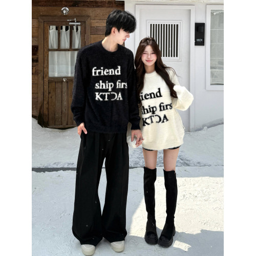 美式高街馬海毛套頭毛衣男女情侶裝秋冬季寬松慵懶風軟糯針織衫潮