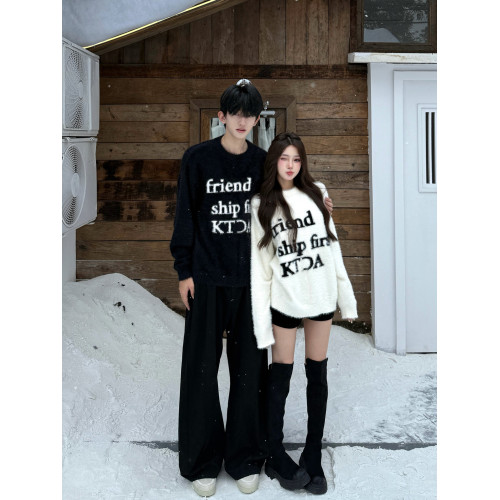 美式高街馬海毛套頭毛衣男女情侶裝秋冬季寬松慵懶風軟糯針織衫潮