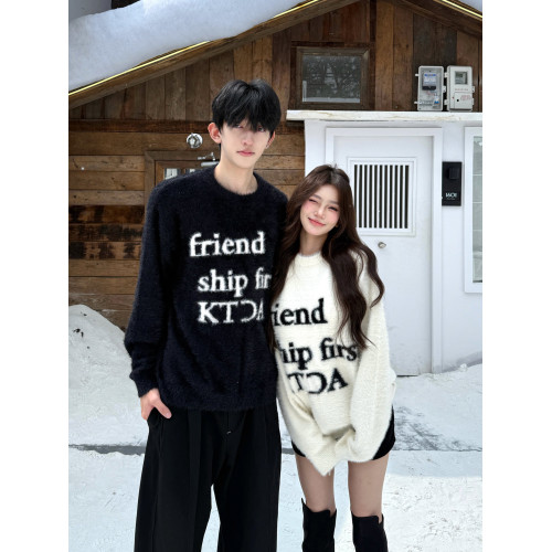 美式高街馬海毛套頭毛衣男女情侶裝秋冬季寬松慵懶風軟糯針織衫潮