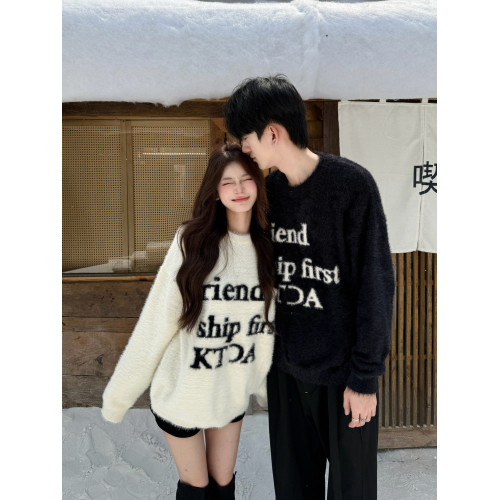 美式高街馬海毛套頭毛衣男女情侶裝秋冬季寬松慵懶風軟糯針織衫潮