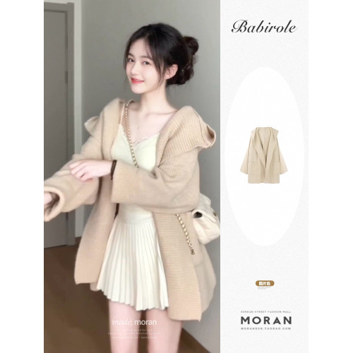 韓系復古慵懶風寬松連帽針織開衫保暖溫柔風氣質毛衣厚外套上衣女