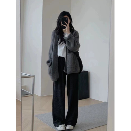 灰色浣熊絨中長款毛衣外套女秋冬寬松慵懶風羊毛針織開衫外搭外穿